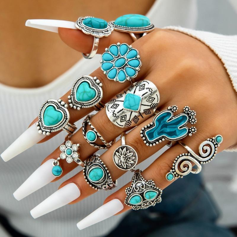 European and American Ethnic Style Carved Feather turquoise Ring Retro Personality Ring Set Combination Ring Set