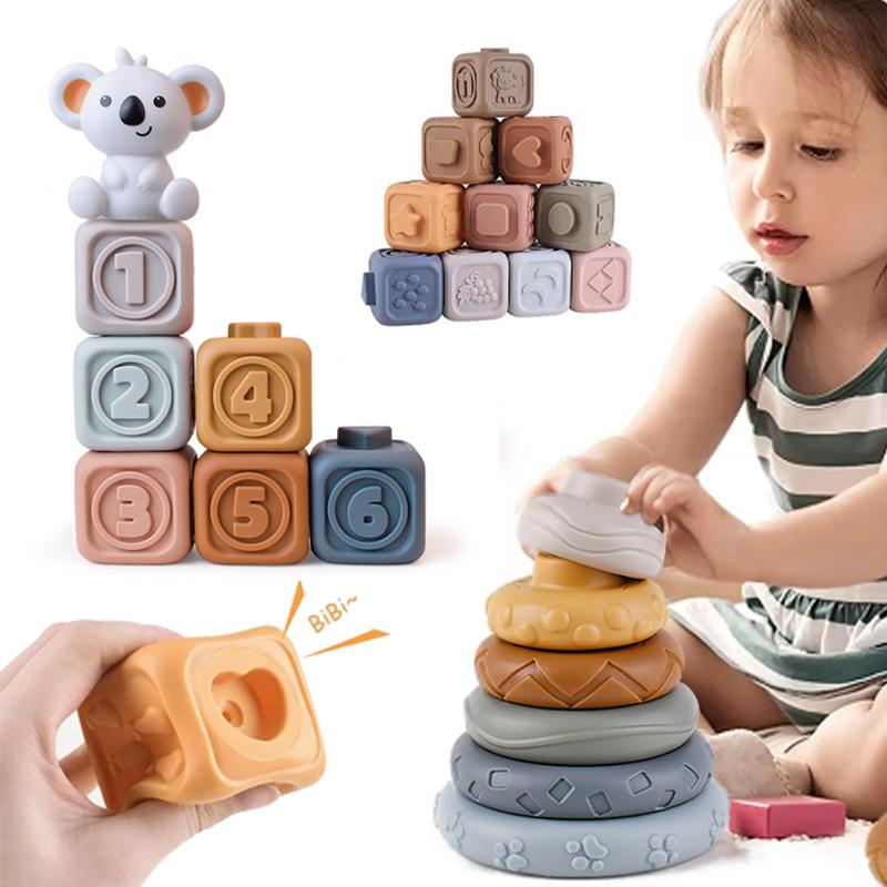 Montessori Silikonowe Klocki dla Niemowląt Koala Ściskany Stacker & Gryzaki Rozwój Intelektualny Wczesne Zabawki 3D Puzzle