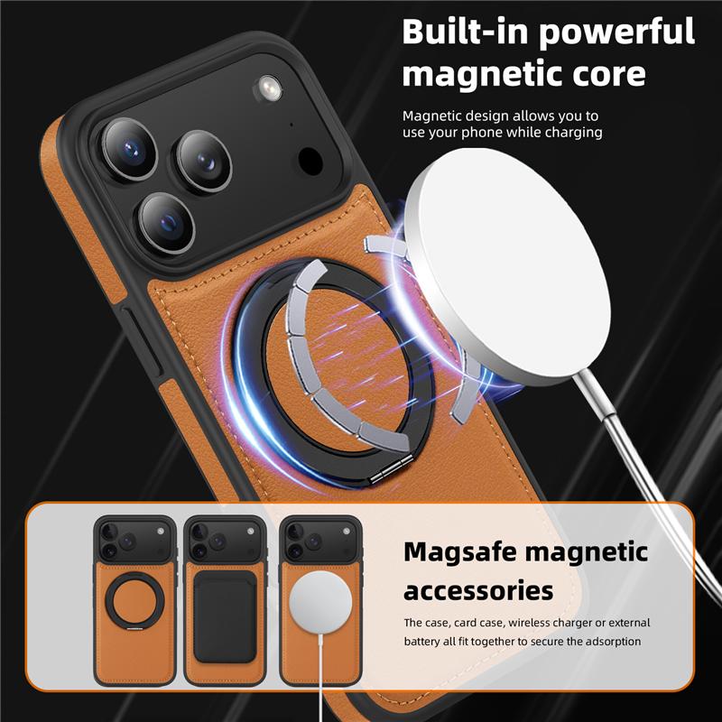 Leather Phone Case For Magsafe iPhone 17 Air 16E 16 15 14 Plus 13 12 Pro Max Magnetic 360 Rotate Metal Holder Stand Back Cover