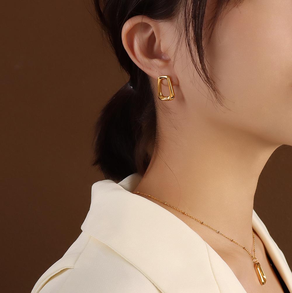 Marka French Geometric Square Necklace & Clavicle Chain Set with 18k Gold Titanium Steel Earrings Studs