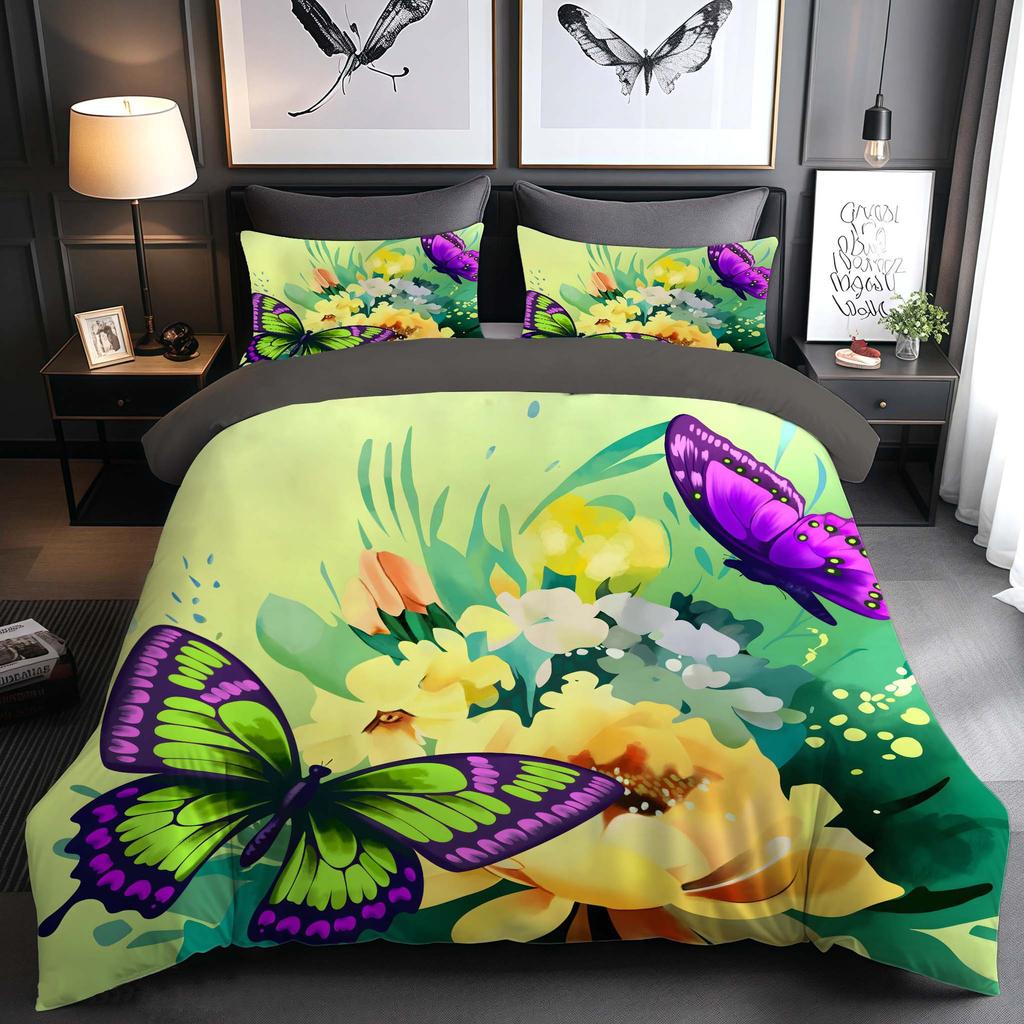 3D Digital Printing Butterfly Flower Three-Piece Bedding Quilt Cover, Direct Sales