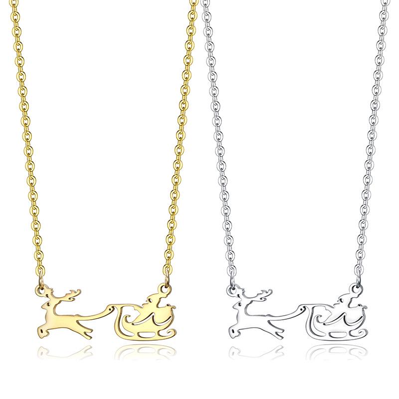18K Gold Plated Santa Claus Reindeer Sleigh Pendant Necklace In Titanium Steel for Women
