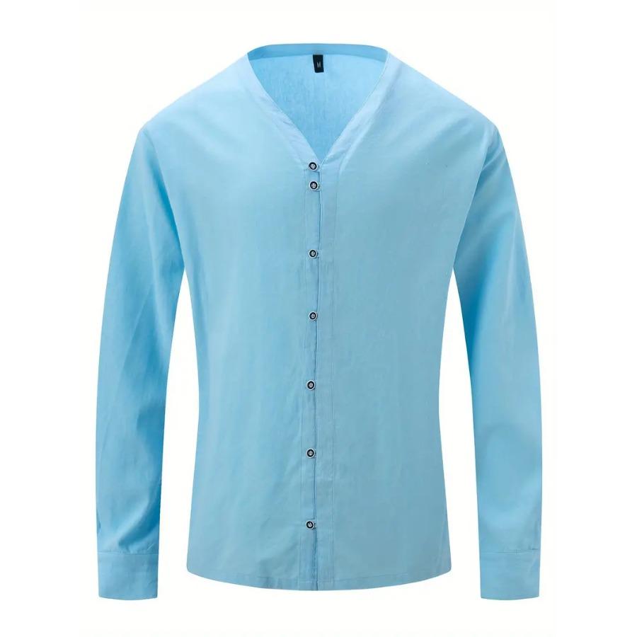 

Повседневная однотонная мужская рубашка из хлопка и льна с V-образным вырезом и длинным рукавом на пуговицах, весна-осень L светло-синий