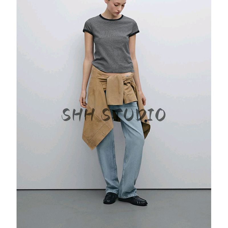 MD Spring/Summer New Arrival Women's Clothing Casual Preppy Style Comfortable Cotton Contrast Color Stripes round Neck Short Sleeve T-shirt 6205545