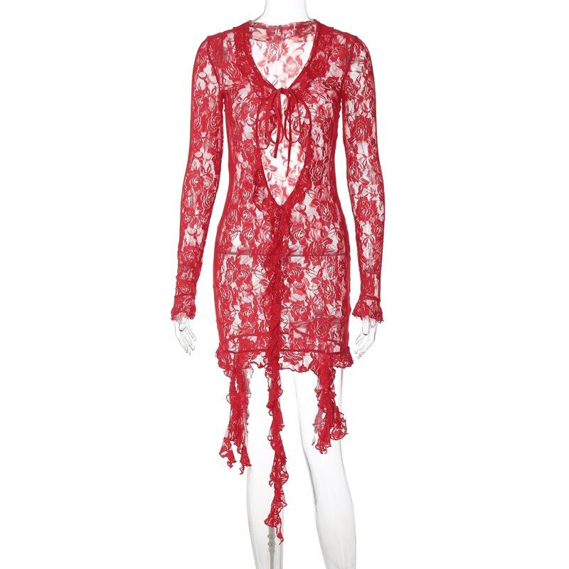Women Solid Color Long Sleeve Sexy Lace Sheer Deep V High Waist Bodycon Mini Dress
