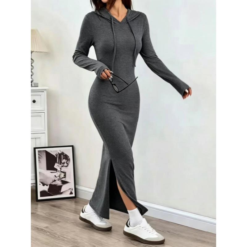 2026 Fashion Hooded Sweatshirt Dress with High Waist Slit Casual Hoodie Long Dresses Solid New Spring Autumn Slim Wrapped Party Dress