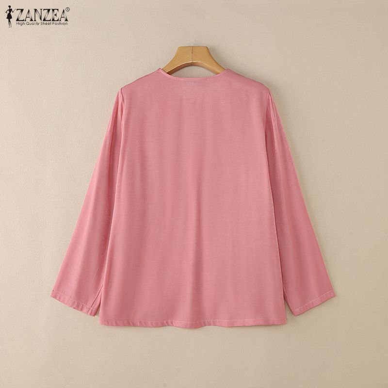 ZANZEA Women Casual Round Neck Solid Color Loose Long Sleeve Blouse
