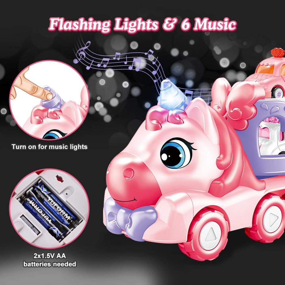 JQLM 5 IN 1 Unicorn Toy Girl Cars, Carrier Truck Toys for Girls Toddlers with Sound&Light, Birthday Christmas Toys Gifts for 2 3 4+ Year Old Baby