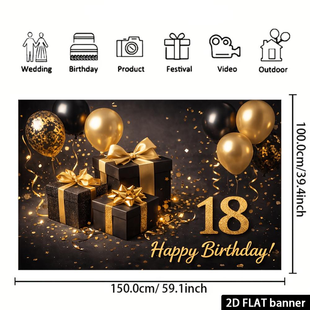 Sfondo per festa di compleanno a tema nero e oro per diciottenne, tessuto con numeri dorati scintillanti 18 e Buon Compleanno