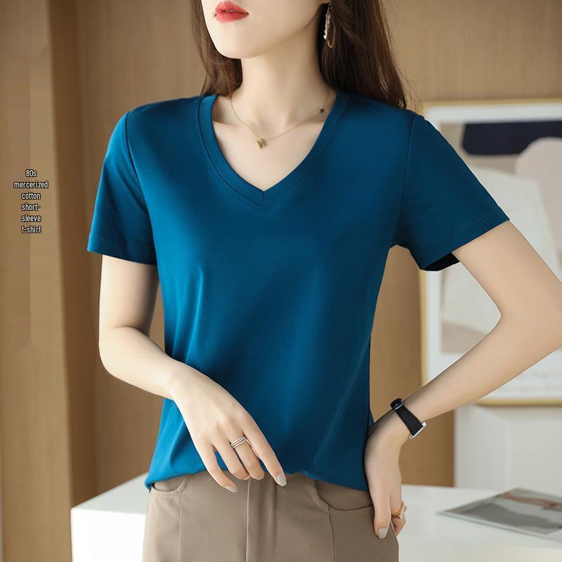 

2025 Summer Women s V-Neck Mercerized Cotton Short-Sleeve Top M