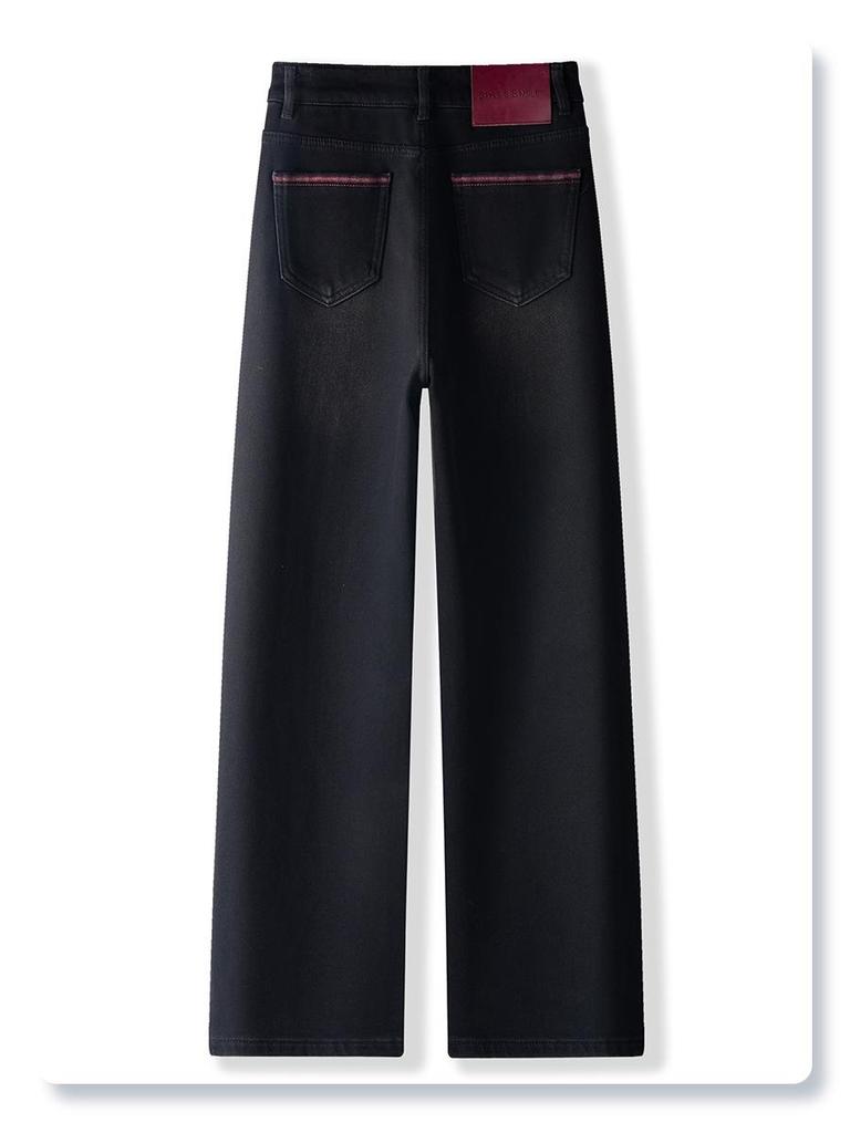 2024 Women's Plus Velvet Black Wide-Leg High-Waist Slim Fit Winter Jeans