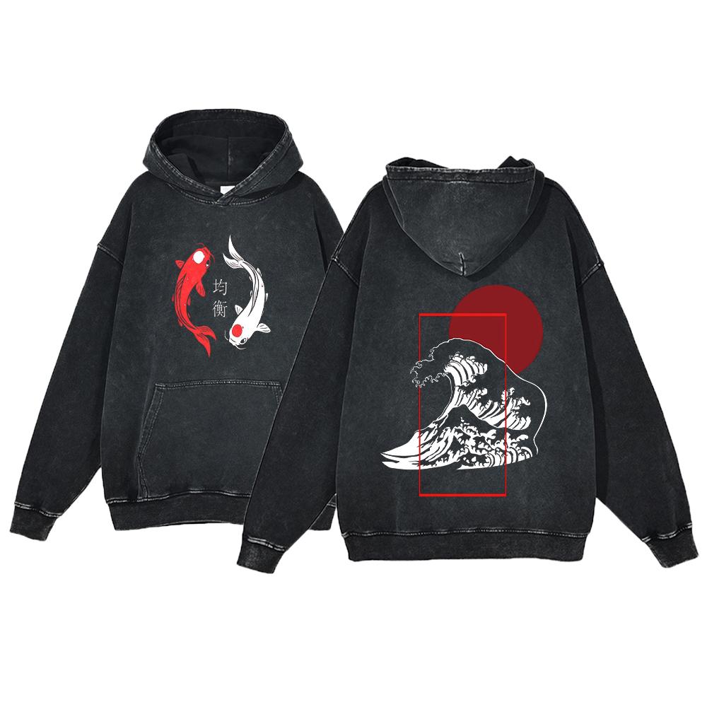 Y2K Anime Hoodie Ukiyoe Koi Fish Vintage Acid Wash Sweatshirt Men Hip Hop Hoodies Long Sleeve Oversized Pullover