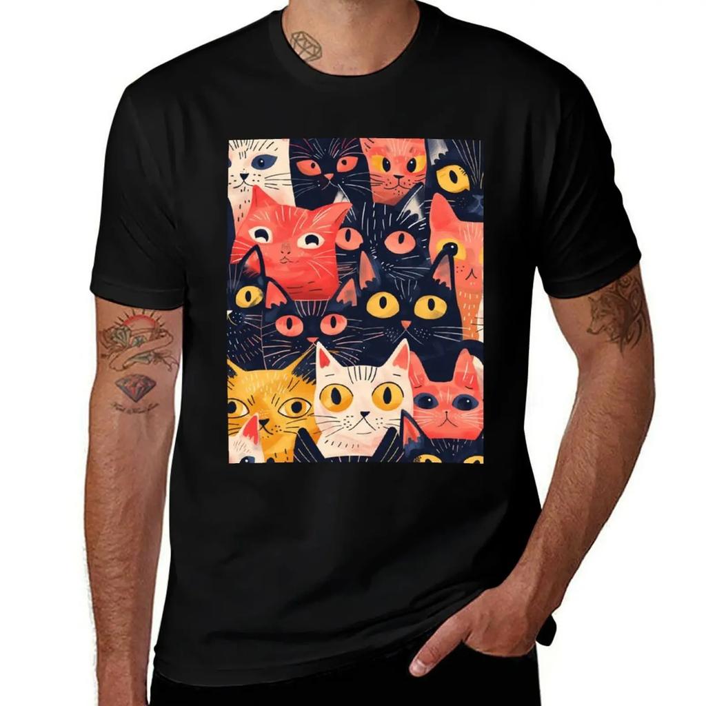2026 new style mens summer shortsleeved highquality retro artistic style cute cat pattern loose trendy retro Tshirt