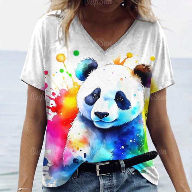 Loose Plus Size Woman Clothing Summer V-Neck Short Sleeve T-Shirts 3d Animals Panda Print Tops Women's Casual T Shirts Clothing