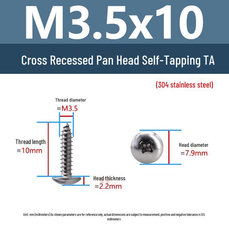 304 Stainless Steel Large Flat Head Self-Tapping Screws, TA Umbrella Head, Pointed Tail, M2-