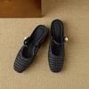 Krazing Pot Microfiber Mules Weaving Summer Size 41 Low Heels Pearl-studded Party Shoes Women Square Toe Gladiator Hollow Out Pumps