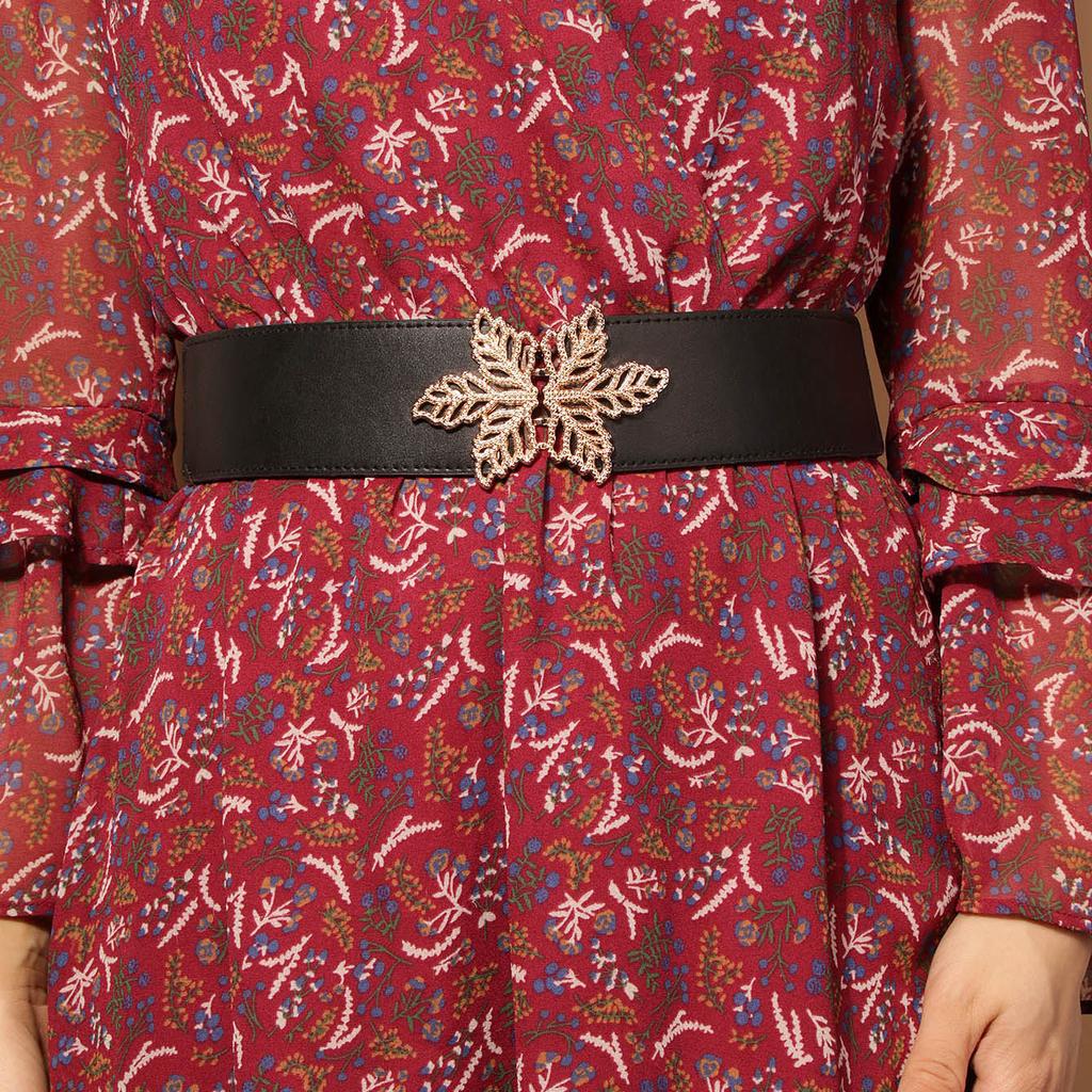 New Style of Women's Elastic Leaves Paired Black Waist Seal Fashionable and Elegant