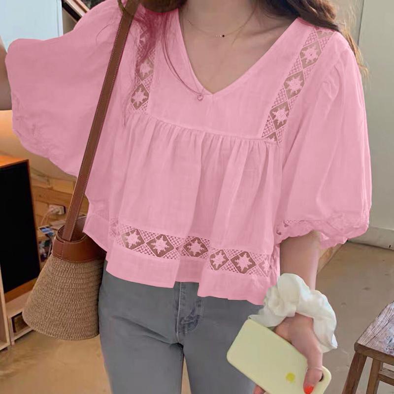 

VONDA женские повседневные свободные блузки с v-образным вырезом и короткими рукавами, кружевные сращивания 5XL