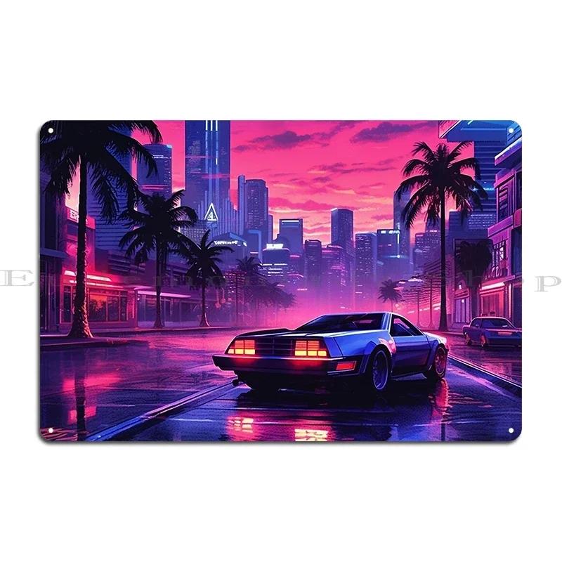 Shoreline Drifter Car Driving Towards Synthwave Sun Through s Miami Metal Plaque Printing Customize Tin Sign Poster