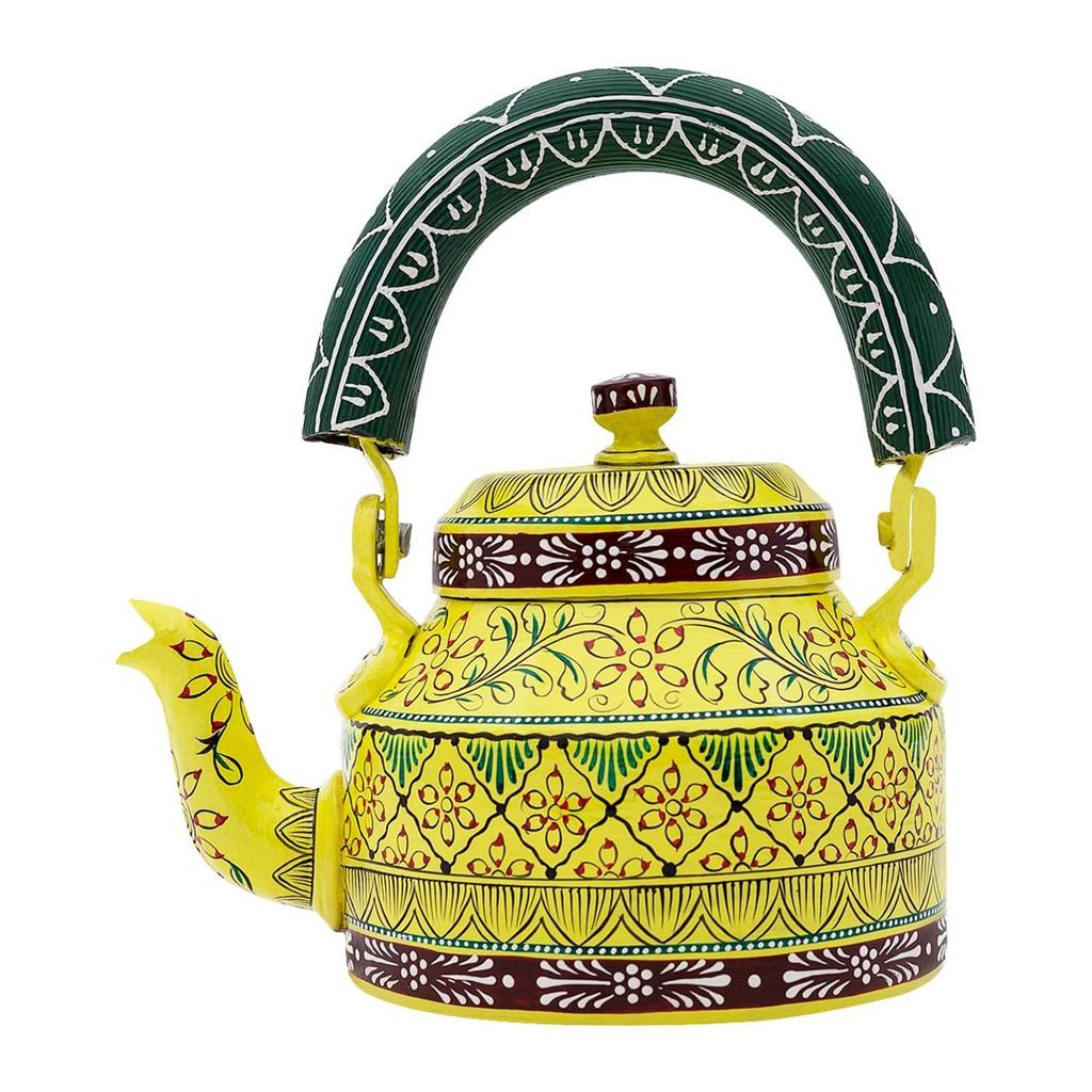 Handcrafted & Handpainted Multicoloured Aluminium Tea Kettle Pot and 6 Glasses with Stand (Yellow, Green, Brown)