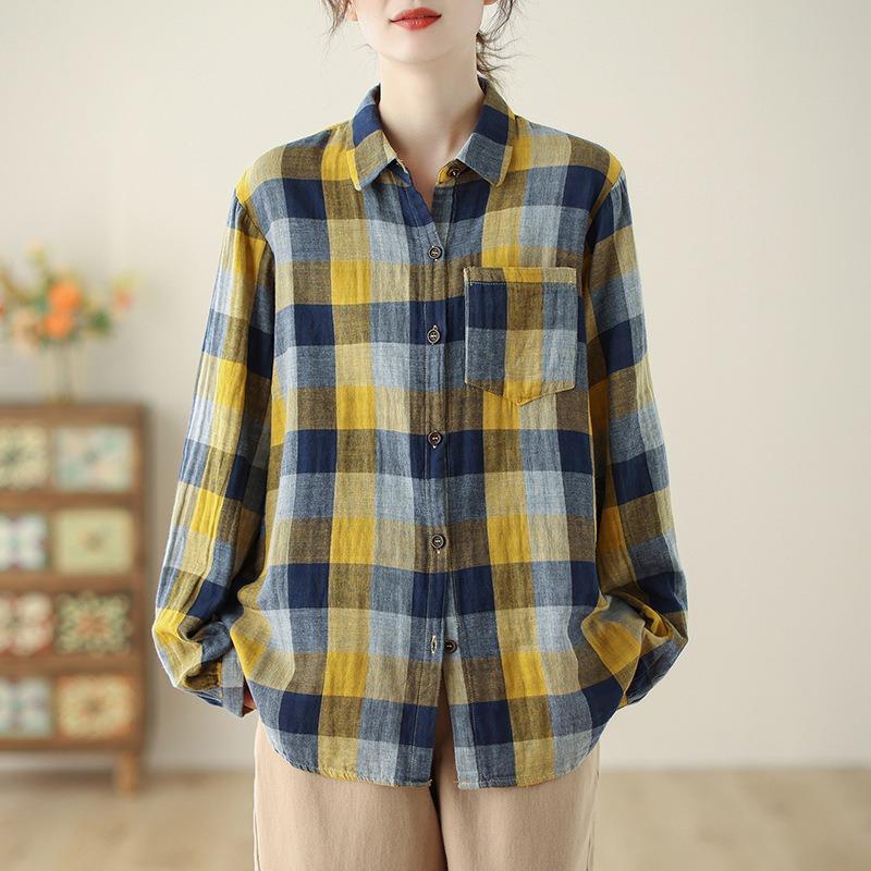 Long Sleeve Lapel Button Down Chest Pocket Shirt Women Art Retro Loose Double-layer Cotton Yarn Plaid Shirts Top for Women