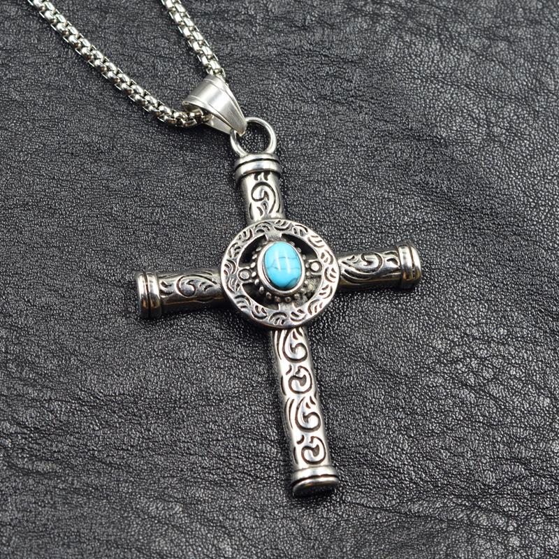 Retro Natürliche Blaue Türkise Kreuz Anhänger Halskette Herren Vintage 316L Edelstahl Religiös Jesus Kruzifix Männlicher Schmuck