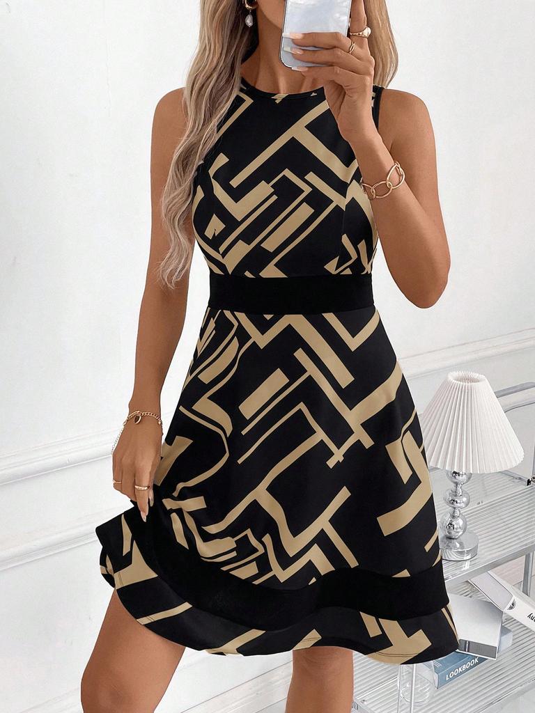 2025 new European and American fashion geometric printing sleeveless slim dress women's summer temperament commuter dress