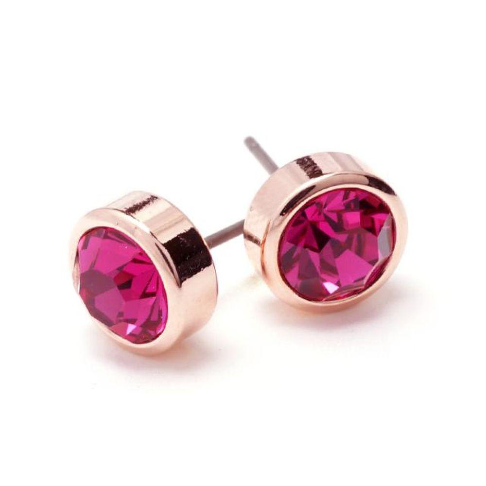E525 Fuchsia 6mm Austrian Crystal Rose Gold Earrings