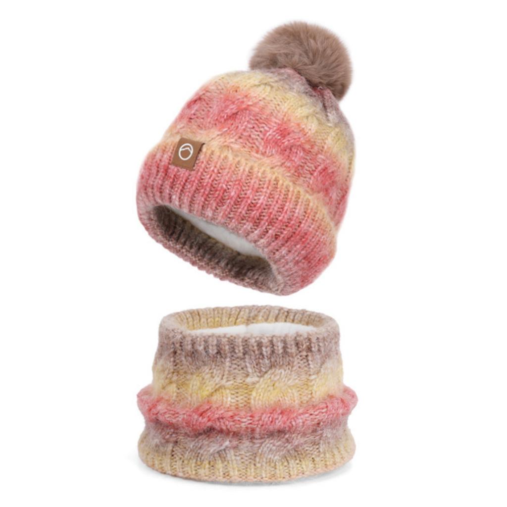 Women's Fashion Contrasting Color Wool Hat And Scarf Two-piece Set: Winter Gradient Pom-pom Knitted Hat, Warm Scarf And Hat Set