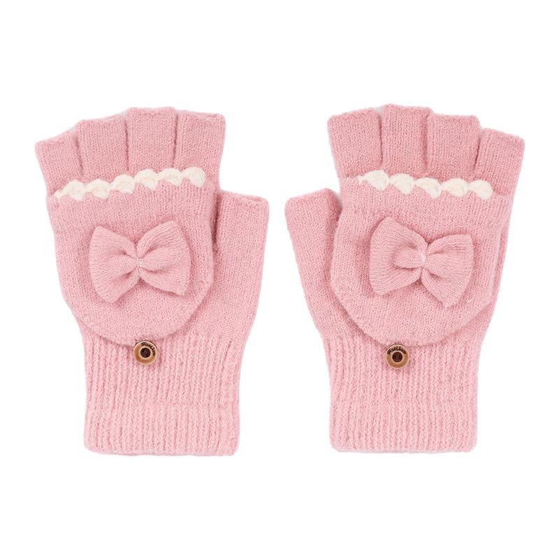 Winter Thermal Gloves Women's Flip Bow Knitted Gloves Women's Adult Gloves Fleece Finger Gloves Men