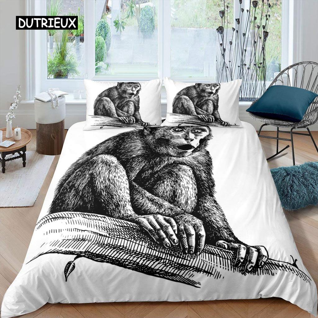 Orangutan Duvet Cover Cute Monkey Bedding Set Polyester Tropical Botanical Animal Print Comforter Cover