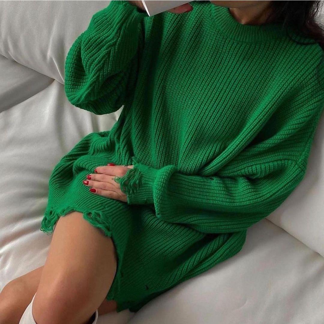 

BITCED Свободный вязаный свитер средней длины с длинными рукавами и круглым вырезом M зелёный