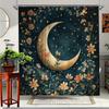 ~O~1pc Dreamy Moon Floral Shower Curtain - Enchanting Night Sky Design with Crescent Moon, Stars & Vibrant Flowers on Dark Teal,
