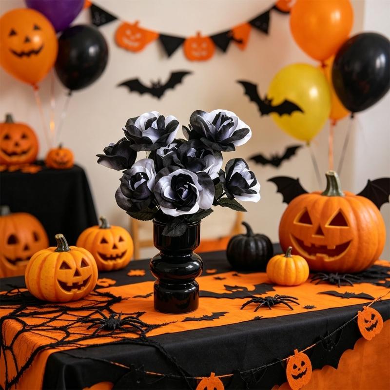 Artificial Rose Flower Arrangement with Fabric Leaves for Halloween Party Table Centerpiece Room Vase Display Photo Scene Placement