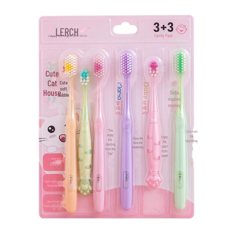 LERCH Family Set: Cartoon Cat Claw Toothbrush - Soft Bristles for Children & Adults, 6 Pieces