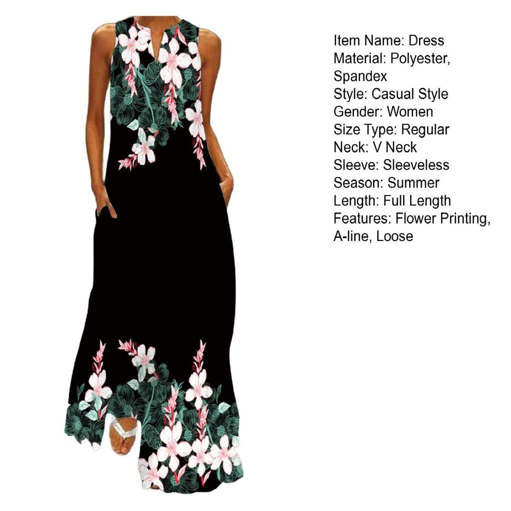 Yousheng Lady Maxi Dress with Pockets Flower Printing A-line V Neck Sleeveless Loose Full Length Dress for Vavation Beach Parties