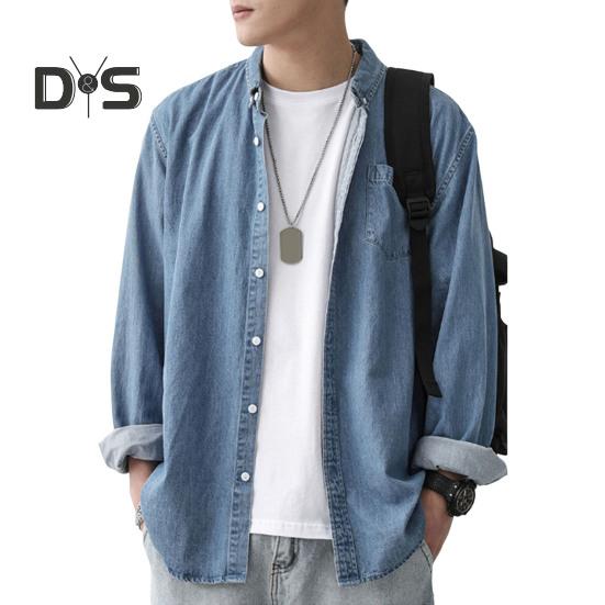 

Мужская хлопковая джинсовая рубашка с длинным рукавом, повседневная рубашка с лацканами, однотонная свободная рубашка на пуговицах для повседневной носки, работы и улицы M темно-синий