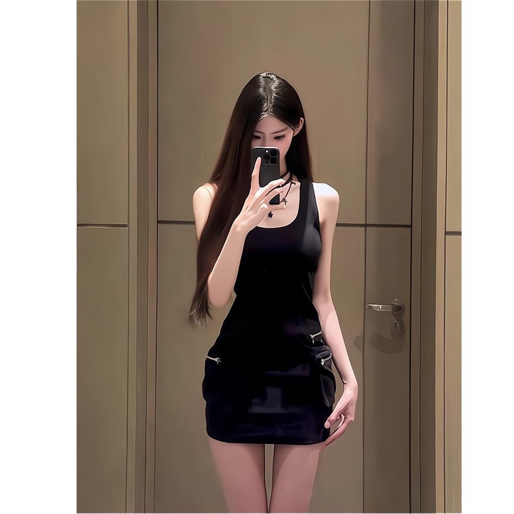 Slim-fit American season hip-wrapped short skirt retro-feeling dress women's summer slim zipper premium Spice Girl tooling bag
