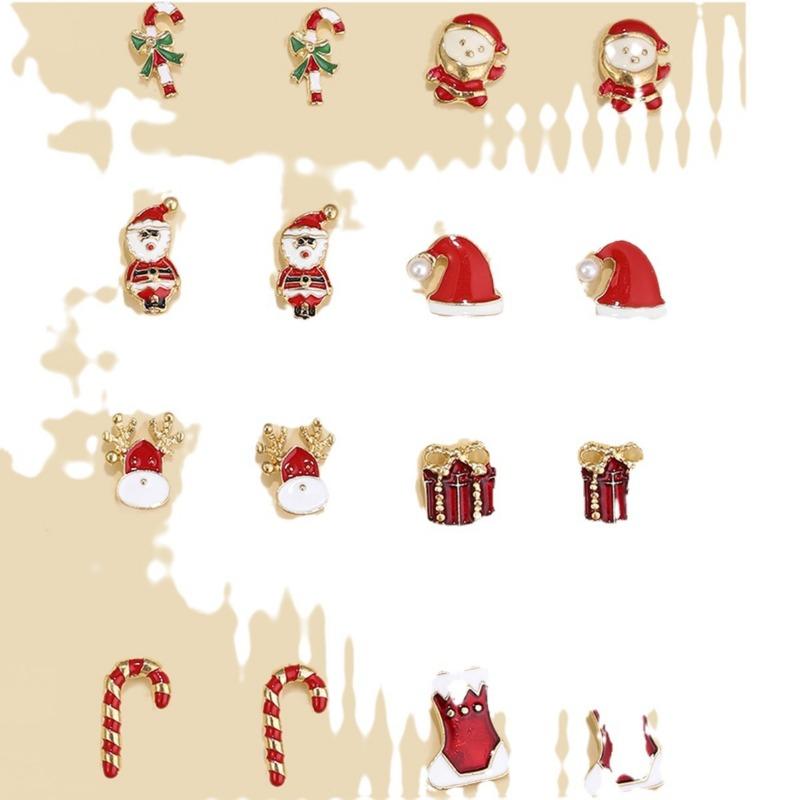 Hot Sale Pair/Set Christmas Elements Cane Socks Pattern Stylish Small Delicate Christmas Stud Earrings Set