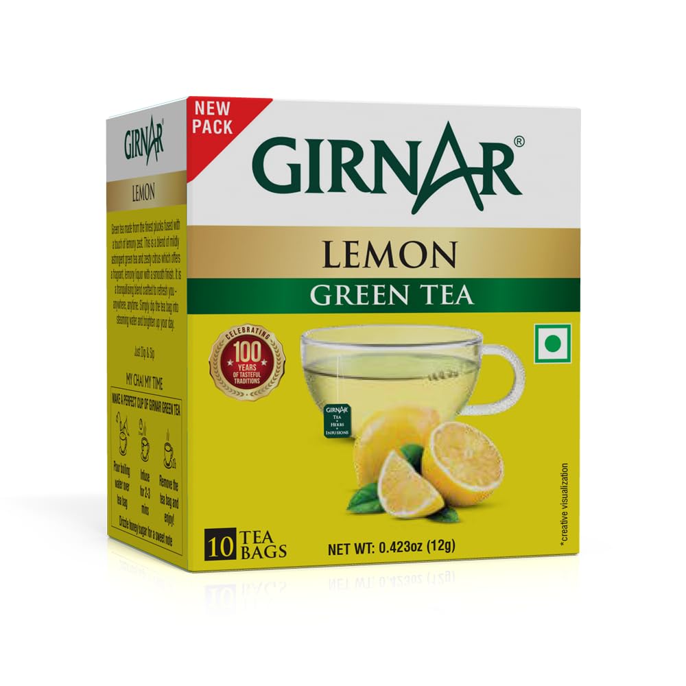 Girnar Green Tea With Lemon 10 Tea Bags Pack Of 1 Refreshing Citrus Flavor Drink
