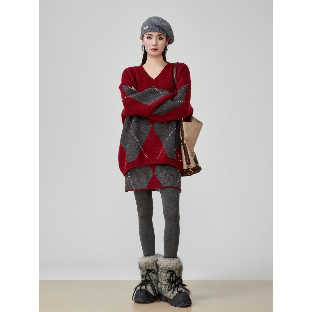 DIMANAF 2025 Plus Size Autumn Women plaid New Sweaters V-neck Knitting Basic Fashion O-Neck Style Loose Red Pullover Sweater