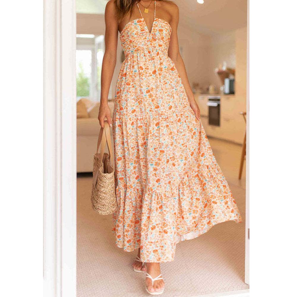 

Женское летнее платье с V-образным вырезом, длинное платье-трапеция с цветочным принтом и бретелькой через шею, одежда для мам, вечернее платье-пачка для женщин XL оранжевый