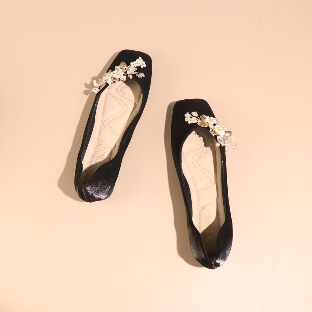 Fashion Women's Red Satin Square Toe Flat Shoes Chinese Style Simple Slip on Soft Bottom Pearl Flower Decoration Wedding Bride Shoes