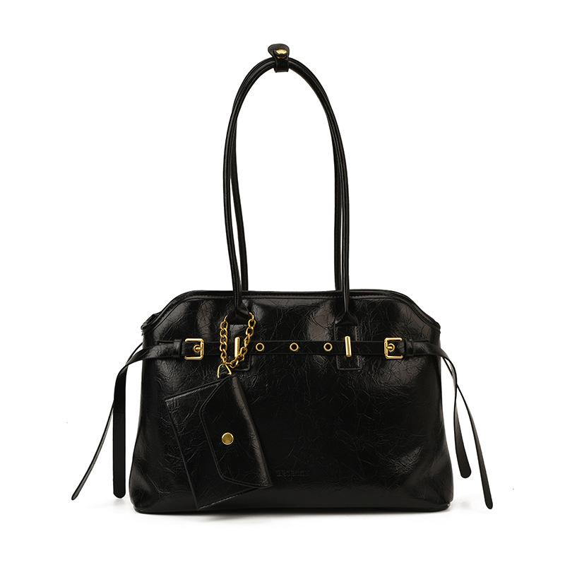 

Autumn and winter retro oil wax leather handheld briefcase women s new large-capacity commuter shoulder bag messenger tote bag чёрный