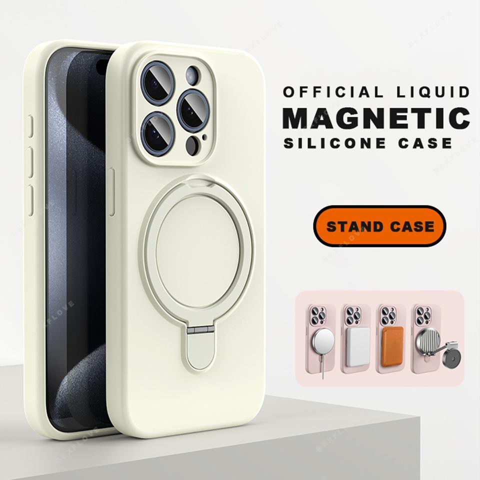 Magnetic Liduid Silicone Stand Phone Case For iPhone 15 14 16 Plus 11 12 13 16 Pro Max Magsafe Ring Holder Protector Soft Cover