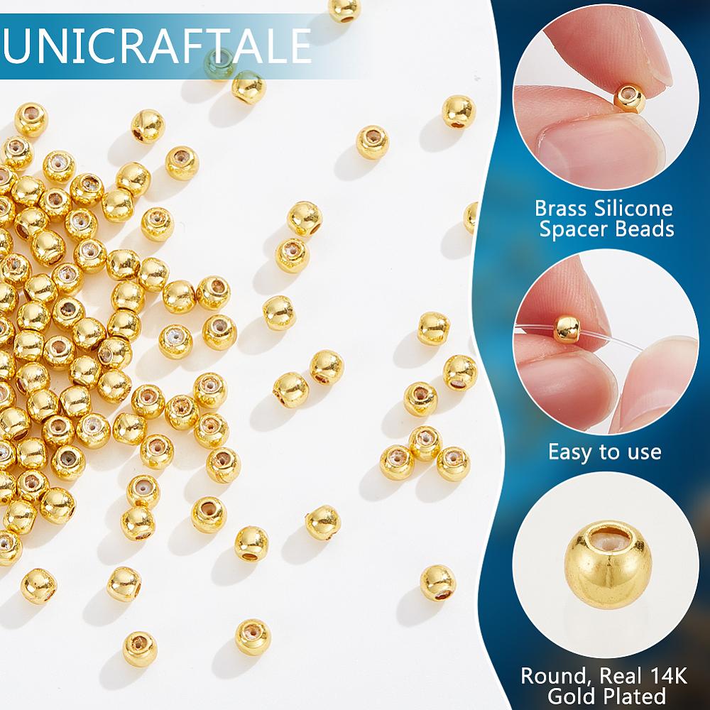 100Pcs Rack Plating Brass Silicone Spacer Beads, Long-Lasting Plated, Cadmium Free & Lead Free, Round, Real 14K Gold Plated, 4x3.5mm, Hole: 0.7mm