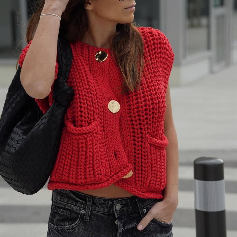 Damen S Ärmellose Kurze Gestrickte Cardigan Weste Mit Taschen