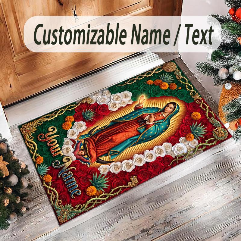 Virgin Mary Theme Crystal Velvet Rug Personalized Custom Name Text Soft Floor Mat Home Decor