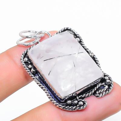 Natural Black Rutile Gemstone Handmade 925 Sterling Silver Pendant 2.01" A9n62