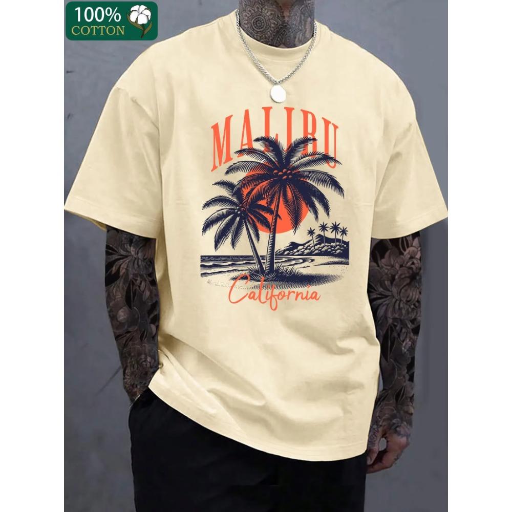 Men's Summer 100 Cotton Fashionable Casual Loose California Tropical Beach Pattern Printed Round Neck Short Sleeve T-shirt Top